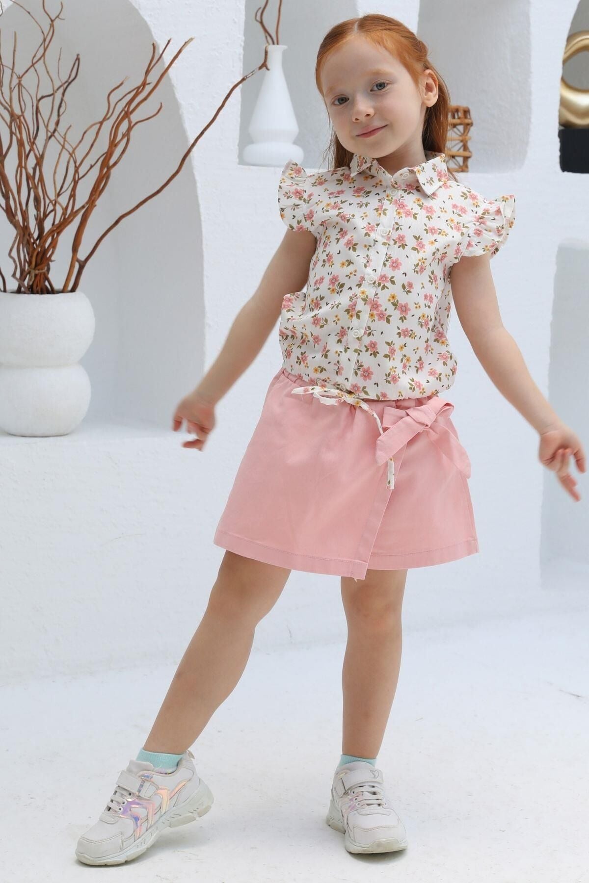 Mutlu Kids Fiyonk Detaylı Kız Çocuk Bebek Gabardin Şort Etek Pembe - 4 Yaş