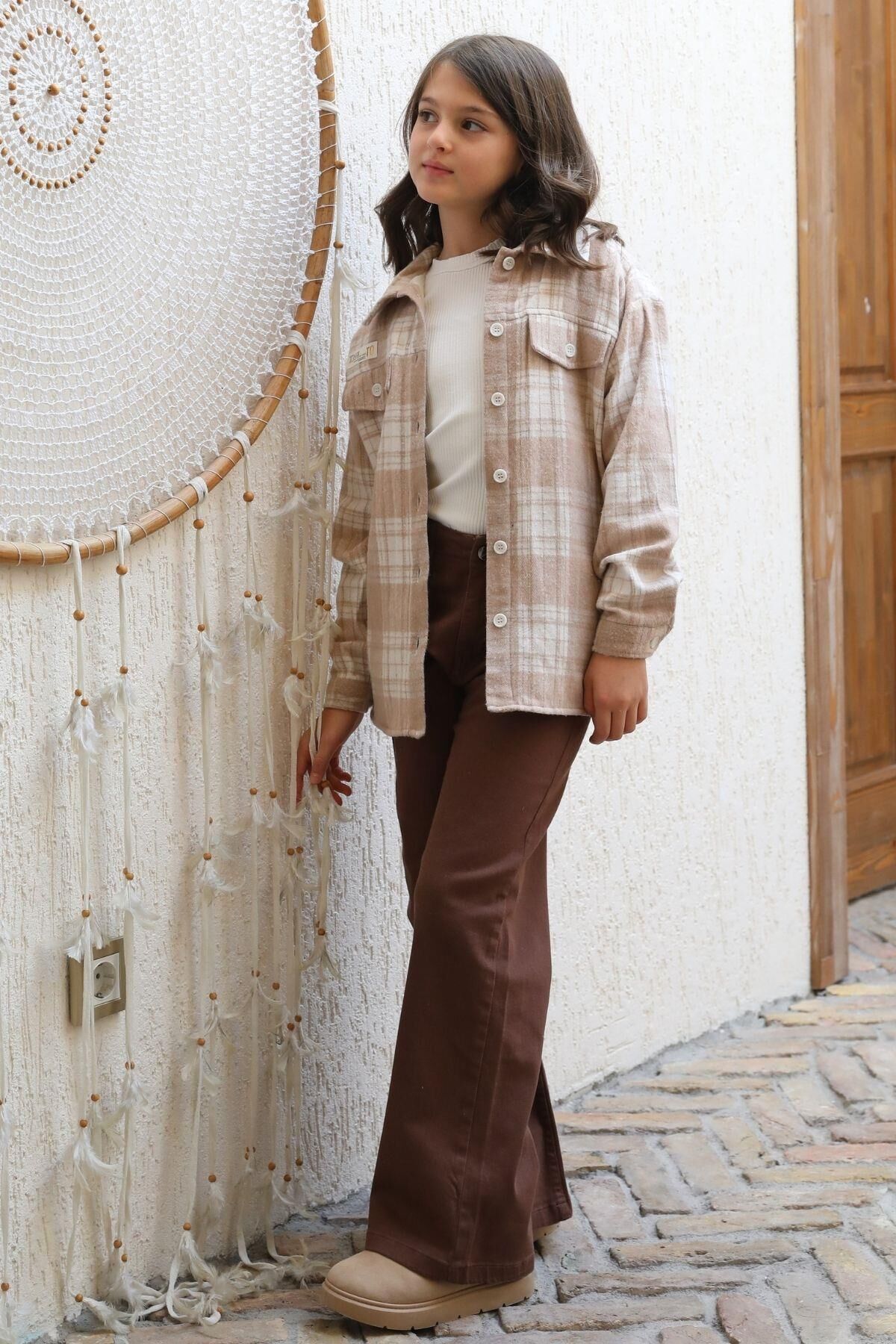 Mutlu Kids İçi Kürk Astarlı Kalın Ekose Kız Çocuk Gömlek Bej - 6 Yaş
