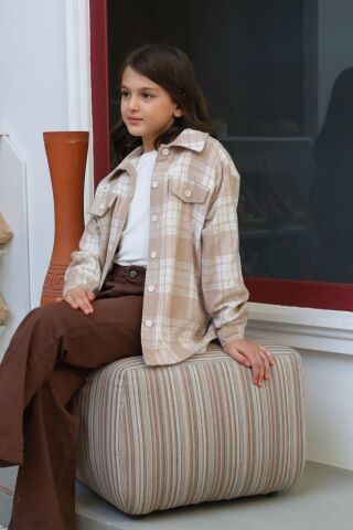 Mutlu Kids İçi Kürk Astarlı Kalın Ekose Kız Çocuk Gömlek Bej - 6 Yaş