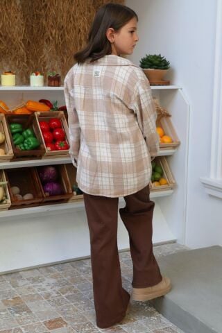 Mutlu Kids İçi Kürk Astarlı Kalın Ekose Kız Çocuk Gömlek Bej - 7 Yaş