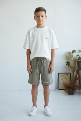 Erkek Çocuk Beyaz Sırt Baskılı Oversize Kısa Kol Tişört EKRU-HAKİ - 8 Yaş