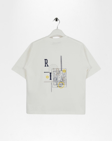 Erkek Çocuk Beyaz Sırt Baskılı Oversize Kısa Kol Tişört EKRU - İNDİGO - 8 Yaş