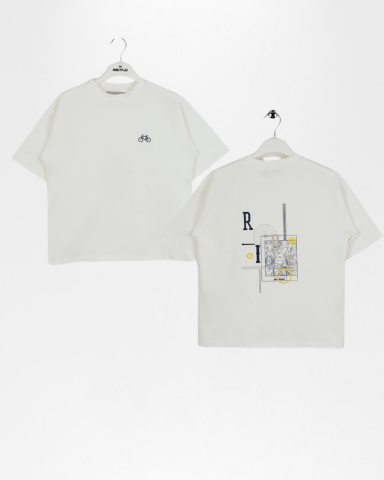 Erkek Çocuk Beyaz Sırt Baskılı Oversize Kısa Kol Tişört EKRU - İNDİGO - 8 Yaş