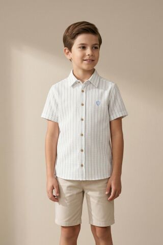 Çizgili Kısa Kol Dokulu Erkek Çocuk Gömlek Siyah - 8 Yaş