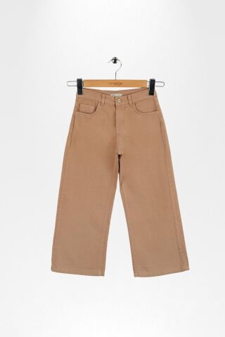 Kız Çocuk Çiçek Desenli Keten Gömlek ve Bol Paça Pantolon Takımı Bej - 6 Yaş
