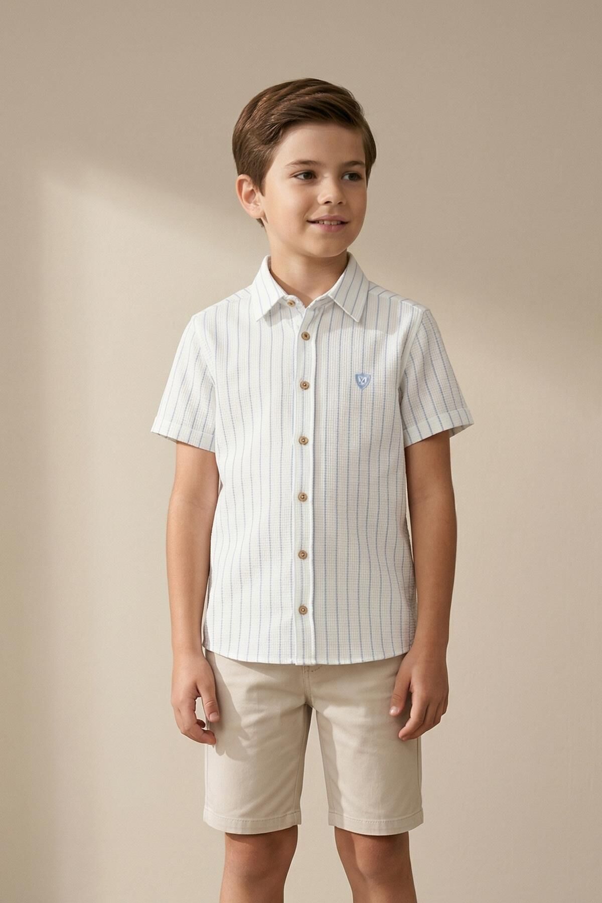 Çizgili Kısa Kol Dokulu Erkek Çocuk Gömlek Mavi - 3 Yaş