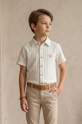 Çizgili Kısa Kol Dokulu Erkek Çocuk Gömlek KAHVE - 9 Yaş