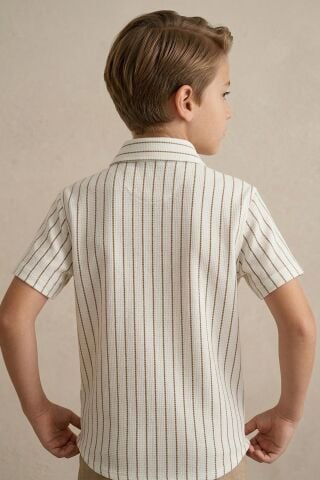 Çizgili Kısa Kol Dokulu Erkek Çocuk Gömlek KAHVE - 9 Yaş