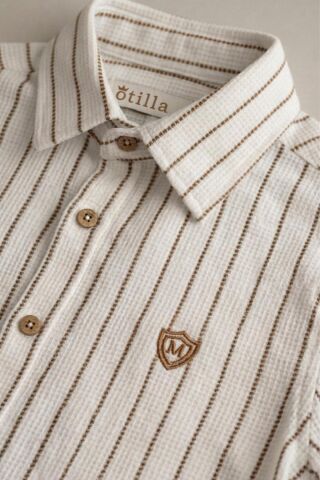 Çizgili Kısa Kol Dokulu Erkek Çocuk Gömlek KAHVE - 9 Yaş