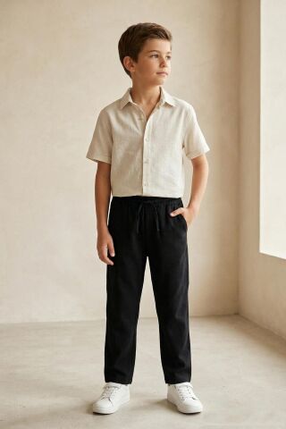 Keten Beli Lastikli Rahat Kalıp Erkek Çocuk Pantolon Siyah - 9 Yaş