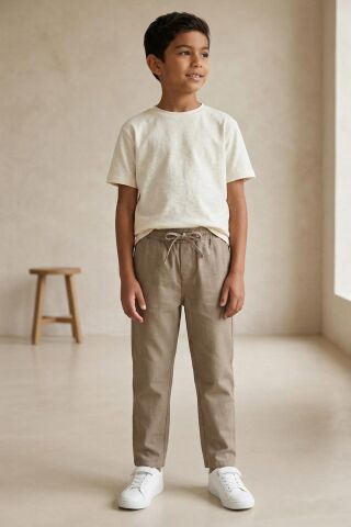 Keten Beli Lastikli Rahat Kalıp Erkek Çocuk Pantolon Bej - 8 Yaş