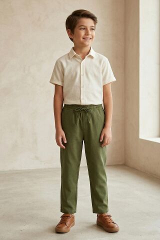 Keten Beli Lastikli Rahat Kalıp Erkek Çocuk Pantolon Haki - 9 Yaş