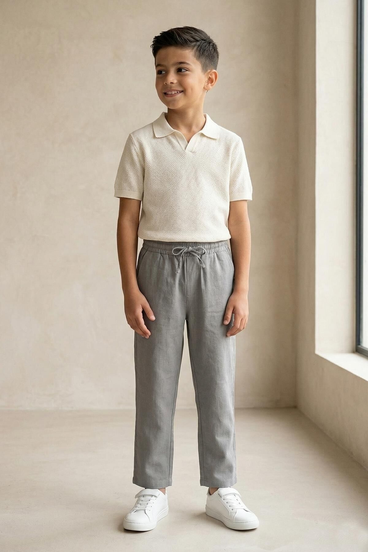 Keten Beli Lastikli Rahat Kalıp Erkek Çocuk Pantolon Gri - 9 Yaş