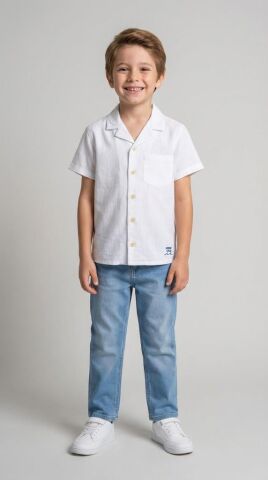 Havai Yaka Doğal Keten Kısa Kollu Erkek Çocuk Gömlek Beyaz - 9 Yaş