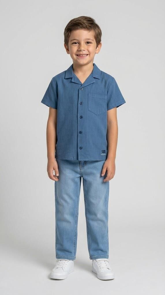 Havai Yaka Doğal Keten Kısa Kollu Erkek Çocuk Gömlek İndigo - 9 Yaş