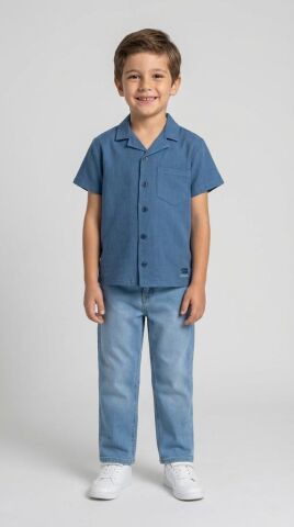 Havai Yaka Doğal Keten Kısa Kollu Erkek Çocuk Gömlek İndigo - 9 Yaş