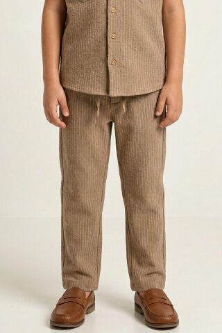 Çizgili Desenli Bağcıklı Erkek Çocuk Pantolon Vizon - 9 Yaş