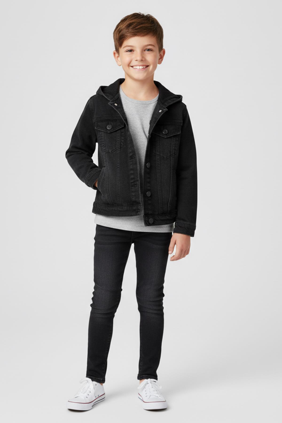 Mutlu Kids Erkek Çocuk Kapüşonlu Kot Gömlek Ceket Füme - 8 Yaş