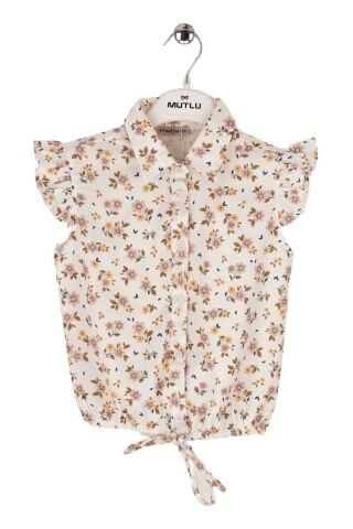 Mutlu Kids Omuz Fırfırlı Bel Bağlamalı Kısa Kol Çiçek Desenli Kız Çocuk Gömlek