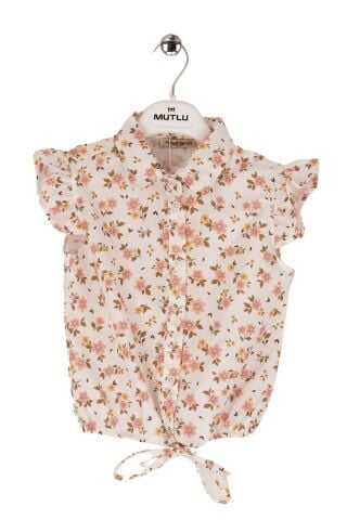 Mutlu Kids Omuz Fırfırlı Bel Bağlamalı Kısa Kol Çiçek Desenli Kız Çocuk Gömlek Bej - 4 Yaş