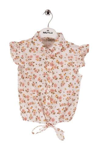 Mutlu Kids Omuz Fırfırlı Bel Bağlamalı Kısa Kol Çiçek Desenli Kız Çocuk Gömlek Bej - 4 Yaş
