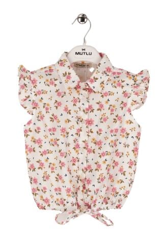 Mutlu Kids Omuz Fırfırlı Bel Bağlamalı Kısa Kol Çiçek Desenli Kız Çocuk Gömlek Bej - 4 Yaş