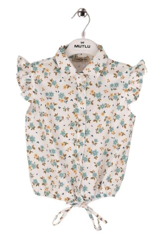 Mutlu Kids Omuz Fırfırlı Bel Bağlamalı Kısa Kol Çiçek Desenli Kız Çocuk Gömlek Bej - 4 Yaş