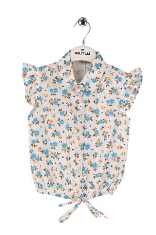 Mutlu Kids Omuz Fırfırlı Bel Bağlamalı Kısa Kol Çiçek Desenli Kız Çocuk Gömlek Bej - 4 Yaş