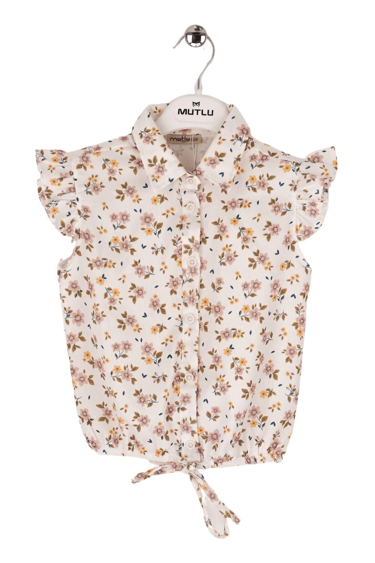 Mutlu Kids Omuz Fırfırlı Bel Bağlamalı Kısa Kol Çiçek Desenli Kız Çocuk Gömlek Bej - 4 Yaş