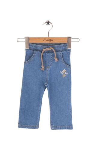 Mutlu Kids Çiçek Nakışlı Kız Bebek Pantolon ORTA MAVİ - 24-30