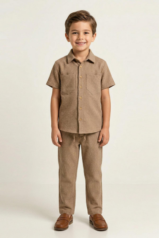 Çizgili Desenli Bağcıklı Erkek Çocuk Pantolon Vizon - 9 Yaş