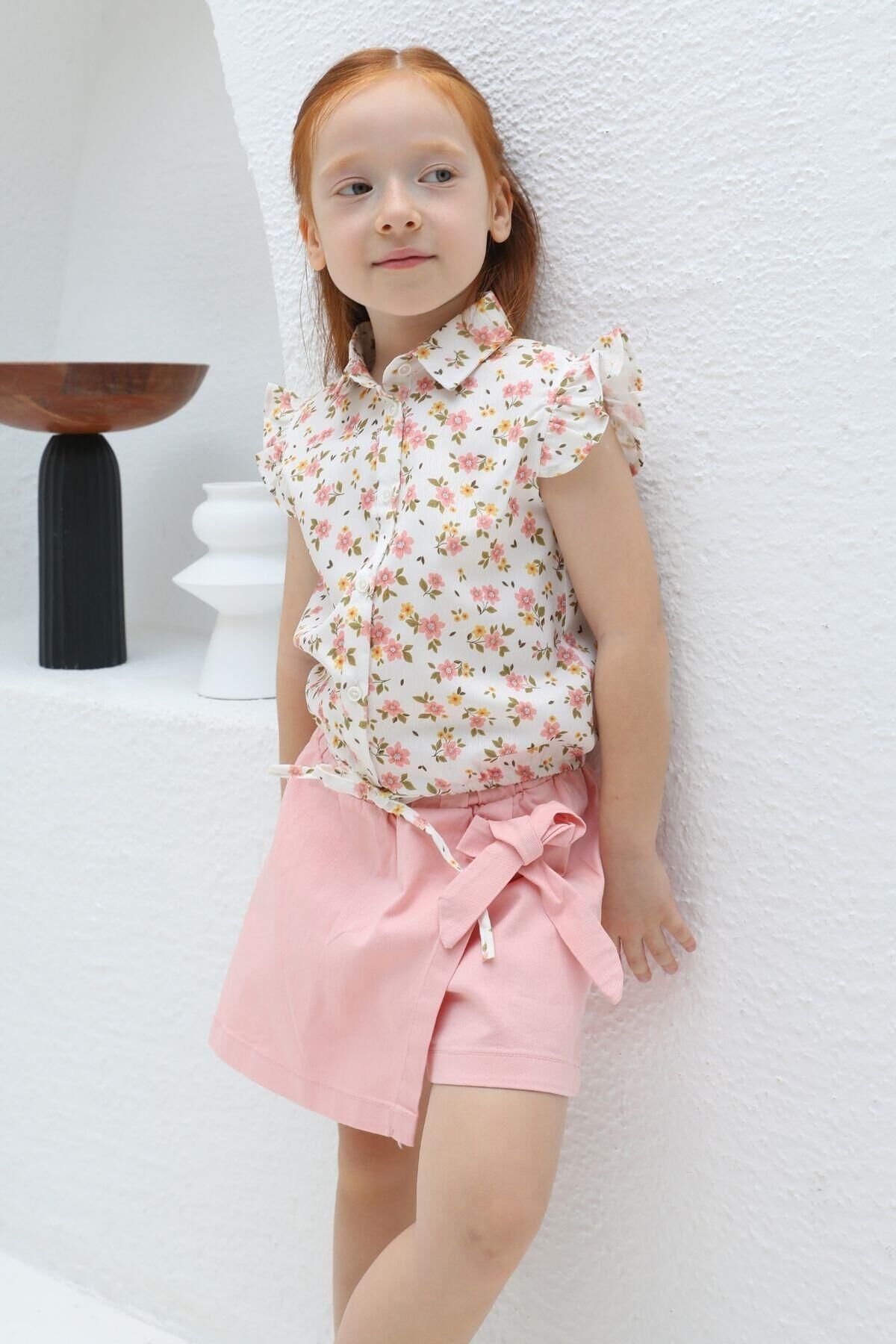 Mutlu Kids Omuz Fırfırlı Bel Bağlamalı Kısa Kol Çiçek Desenli Kız Çocuk Gömlek Fuşya - 1 Yaş