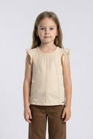 Dantel Detaylı Fırfırlı Kısa Kol Kız Çocuk Tişört TAŞ - 9 Yaş