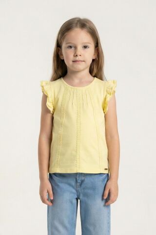 Dantel Detaylı Fırfırlı Kısa Kol Kız Çocuk Tişört TAŞ - 9 Yaş