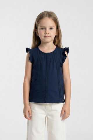 Dantel Detaylı Fırfırlı Kısa Kol Kız Çocuk Tişört TAŞ - 9 Yaş