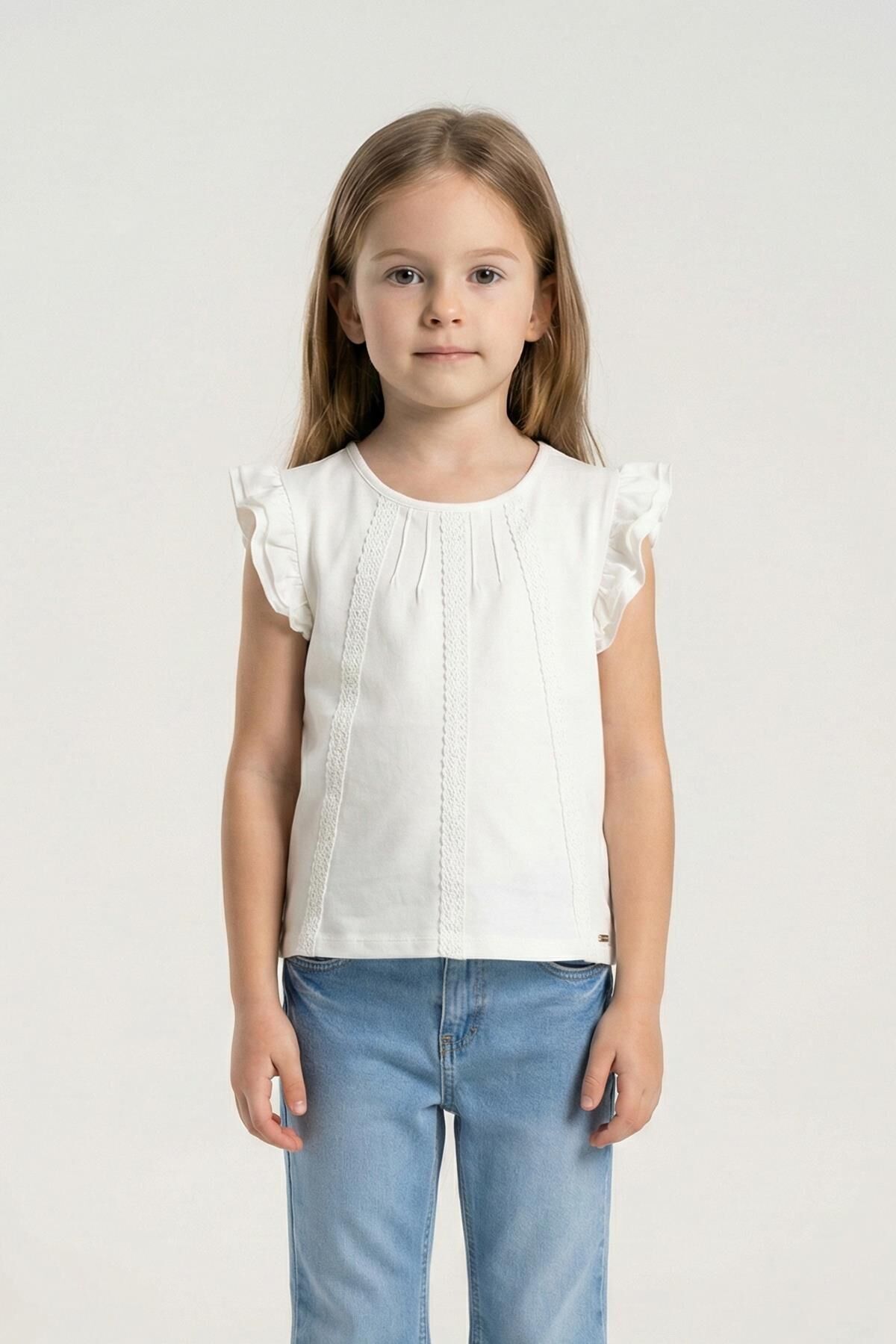 Dantel Detaylı Fırfırlı Kısa Kol Kız Çocuk Tişört Beyaz - 8 Yaş