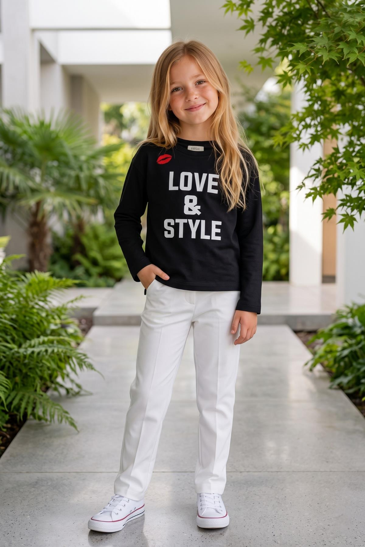 Kız Çocuk Ekru Love & Style Baskılı Uzun Kollu Body Siyah - 9 Yaş