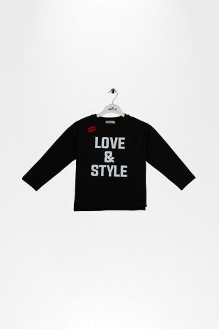 Kız Çocuk Ekru Love & Style Baskılı Uzun Kollu Body Siyah - 9 Yaş