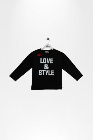 Kız Çocuk Ekru Love & Style Baskılı Uzun Kollu Body Siyah - 9 Yaş