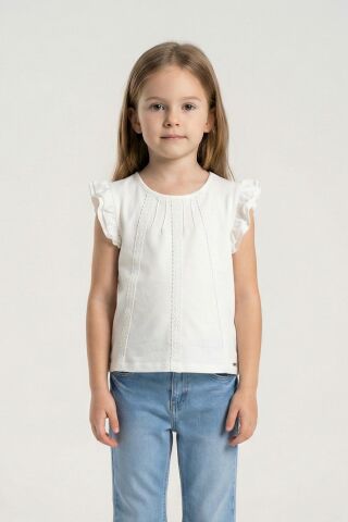 Dantel Detaylı Fırfırlı Kısa Kol Kız Çocuk Tişört Beyaz - 9 Yaş