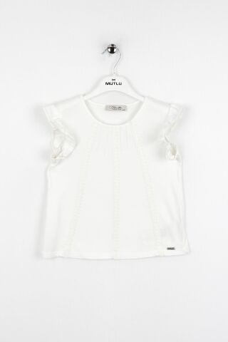 Dantel Detaylı Fırfırlı Kısa Kol Kız Çocuk Tişört Beyaz - 9 Yaş