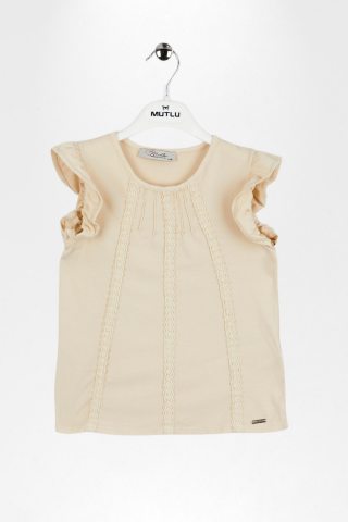 Dantel Detaylı Fırfırlı Kısa Kol Kız Çocuk Tişört Bej - 9 Yaş