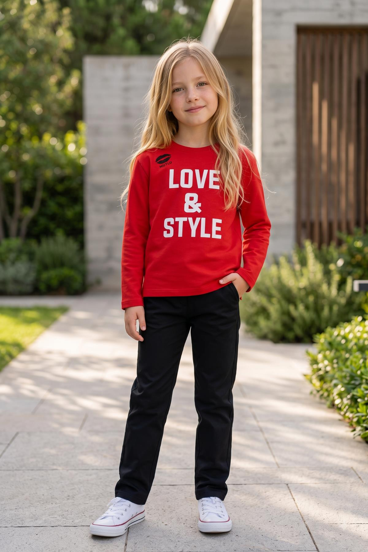 Kız Çocuk Ekru Love & Style Baskılı Uzun Kollu Body Kırmızı - 9 Yaş